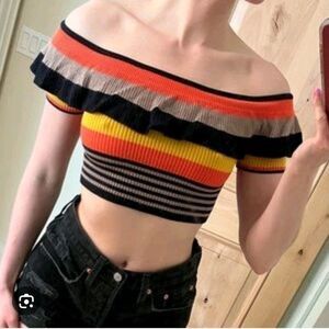 Kimchi Blue Striped Cropped Sweater Top Shirt Striped Sz XS Off The Shoulder